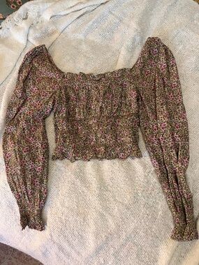 H&M Olive Floral Smocked Crop Top with Pink Accents